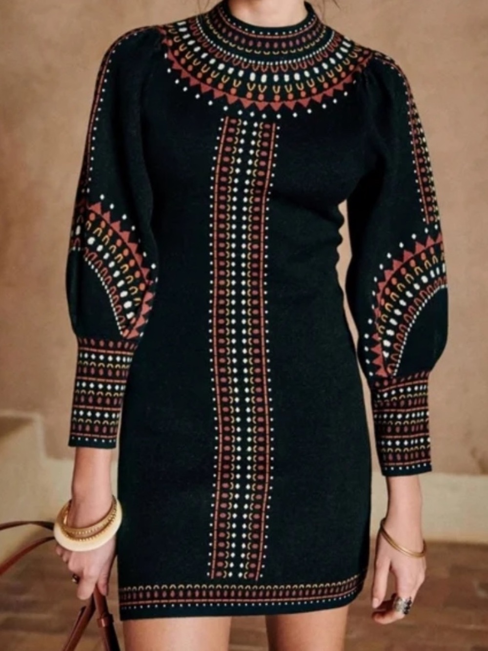 SEZANE Randall Robe Knit Black Printed Mini Dress in Noir Multi Size Small